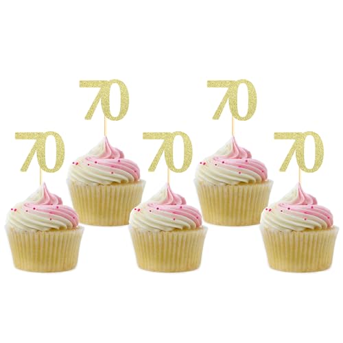 Sotpot Cupcake-Aufsätze zum 70. Geburtstag, goldfarben, glitzernd, 30 Stück, Motiv: Cheers to 70 Years von Sotpot