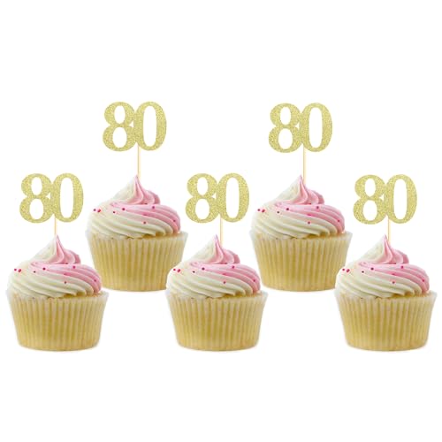 Sotpot Cupcake-Aufsätze zum 80. Geburtstag, goldfarben, glitzernd, 30 Stück, Motiv: Prost bis 80 Jahre, Party-Dekorationen Sotpot Cupcake-Aufsätze zum 80. Geburtstag, goldfarben, glitzernd, 30 Stück, Motiv: Prost bis 80 Jahre, Party-Dekorationen von Sotpot