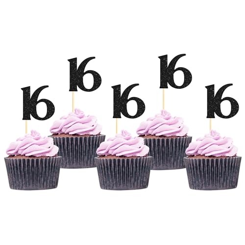 Sotpot Cupcake-Topper "Happy 16th", Kuchendekorationen für 16. Geburtstag, Hochzeitstag, Partyzubehör, schwarzer Glitzer, 30 Stück Sotpot Cupcake-Topper "Happy 16th", Kuchendekorationen für 16. Geburtstag, Hochzeitstag, Partyzubehör, schwarzer Glitzer, 30 Stück von Sotpot
