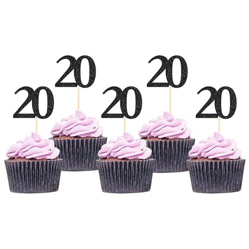 Sotpot Cupcake-Topper "Happy 20th", Kuchendekorationen für 20. Geburtstag, Hochzeitstag, Partyzubehör, schwarzer Glitzer, 30 Stück Sotpot Cupcake-Topper "Happy 20th", Kuchendekorationen für 20. Geburtstag, Hochzeitstag, Partyzubehör, schwarzer Glitzer, 30 Stück von Sotpot
