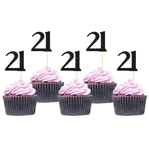 Sotpot Cupcake-Topper "Happy 21st Birthday", Kuchendekorationen für 21. Geburtstag, Hochzeitstag, Partyzubehör, schwarzer Glitzer, 30 Stück Sotpot Cupcake-Topper "Happy 21st Birthday", Kuchendekorationen für 21. Geburtstag, Hochzeitstag, Partyzubehör, schwarzer Glitzer, 30 Stück von Sotpot
