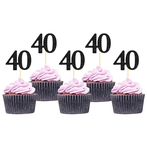 Sotpot Cupcake-Topper "Happy 40th", Kuchendekorationen für 40. Geburtstag, Hochzeitstag, Partyzubehör, schwarzer Glitzer, 30 Stück Sotpot Cupcake-Topper "Happy 40th", Kuchendekorationen für 40. Geburtstag, Hochzeitstag, Partyzubehör, schwarzer Glitzer, 30 Stück von Sotpot