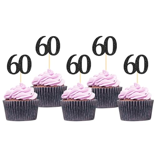 Sotpot Cupcake-Topper "Happy 60th", Kuchendekorationen für 60. Geburtstag, Hochzeitstag, Partyzubehör, schwarzer Glitzer, 30 Stück Sotpot Cupcake-Topper "Happy 60th", Kuchendekorationen für 60. Geburtstag, Hochzeitstag, Partyzubehör, schwarzer Glitzer, 30 Stück von Sotpot