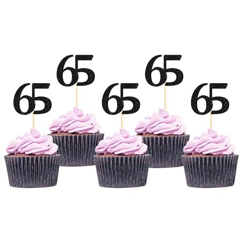 Sotpot Cupcake-Topper "Happy 65th", Kuchendekorationen zum 65. Geburtstag, Hochzeitstag, Partyzubehör, schwarzer Glitzer, 30 Stück von Sotpot
