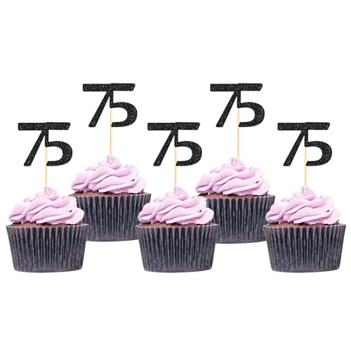 Sotpot Cupcake-Topper "Happy 75th Birthday", Kuchendekorationen für 75. Geburtstag, Hochzeit, Jahrestag, Partyzubehör, schwarzer Glitzer, 30 Stück Sotpot Cupcake-Topper "Happy 75th Birthday", Kuchendekorationen für 75. Geburtstag, Hochzeit, Jahrestag, Partyzubehör, schwarzer Glitzer, 30 Stück von Sotpot