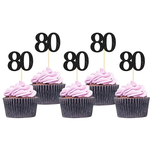 Sotpot Cupcake-Topper "Happy 80th", Kuchendekorationen zum 80. Geburtstag, Hochzeitstag, Partyzubehör, schwarzer Glitzer, 30 Stück von Sotpot