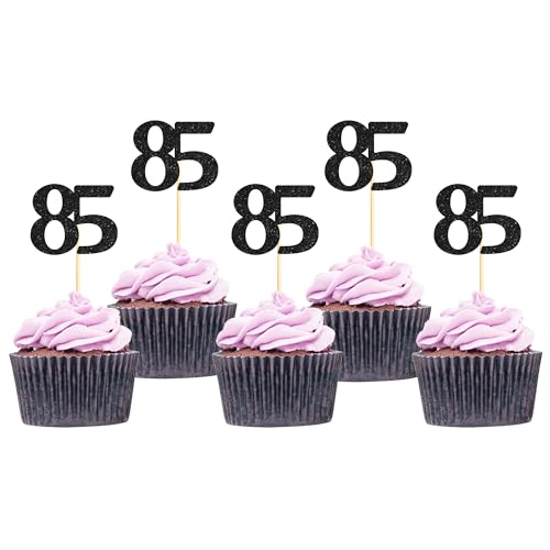 Sotpot Cupcake-Topper "Happy 85th", Kuchendekorationen zum 85. Geburtstag, Hochzeitstag, Partyzubehör, schwarzer Glitzer, 30 Stück von Sotpot