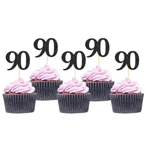Sotpot Cupcake-Topper "Happy 90th Birthday", Kuchendekorationen zum 90. Geburtstag, Hochzeitstag, Partyzubehör, schwarzer Glitzer, 30 Stück von Sotpot