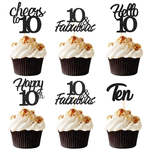 Sotpot Cupcake-Topper zum 10. Geburtstag, Hello 10 Cheers to 10 Years, Cupcake-Picks für 10. Geburtstag, Jahrestag, Party, Kuchendekoration, schwarzer Glitzer, 30 Stück Sotpot Cupcake-Topper zum 10. Geburtstag, Hello 10 Cheers to 10 Years, Cupcake-Picks für 10. Geburtstag, Jahrestag, Party, Kuchendekoration, schwarzer Glitzer, 30 Stück von Sotpot