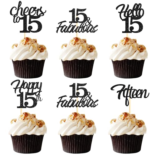 Sotpot Cupcake-Topper zum 15. Geburtstag, Hello 15 Cheers to 15 Years Cupcake-Picks für 15. Geburtstag, Jahrestag, Party, Kuchendekorationen, schwarzer Glitzer, 30 Stück Sotpot Cupcake-Topper zum 15. Geburtstag, Hello 15 Cheers to 15 Years Cupcake-Picks für 15. Geburtstag, Jahrestag, Party, Kuchendekorationen, schwarzer Glitzer, 30 Stück von Sotpot