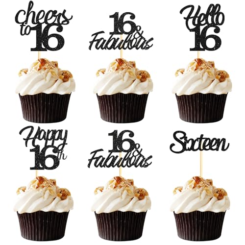 Sotpot Cupcake-Topper zum 16. Geburtstag, Hello 16 Cheers to 16 Years Cupcake-Picks für 16. Geburtstag, Jahrestag, Party, Kuchendekorationen, schwarzer Glitzer, 30 Stück Sotpot Cupcake-Topper zum 16. Geburtstag, Hello 16 Cheers to 16 Years Cupcake-Picks für 16. Geburtstag, Jahrestag, Party, Kuchendekorationen, schwarzer Glitzer, 30 Stück von Sotpot