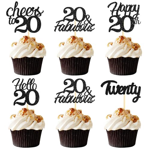 Sotpot Cupcake-Topper zum 20. Geburtstag, Hello 20 Cheers to 20 Years, Cupcake-Picks für 20. Geburtstag, Jahrestag, Party, Kuchendekoration, schwarzer Glitzer, 30 Stück Sotpot Cupcake-Topper zum 20. Geburtstag, Hello 20 Cheers to 20 Years, Cupcake-Picks für 20. Geburtstag, Jahrestag, Party, Kuchendekoration, schwarzer Glitzer, 30 Stück von Sotpot