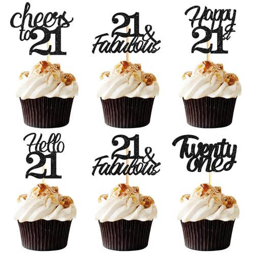 Sotpot Cupcake-Topper zum 21. Geburtstag, Hello 21 Cheers to 21 Years, Cupcake-Picks für 21. Geburtstag, Jahrestag, Party-Kuchendekorationen, schwarzer Glitzer, 30 Stück Sotpot Cupcake-Topper zum 21. Geburtstag, Hello 21 Cheers to 21 Years, Cupcake-Picks für 21. Geburtstag, Jahrestag, Party-Kuchendekorationen, schwarzer Glitzer, 30 Stück von Sotpot