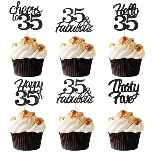 Sotpot Cupcake-Topper zum 35. Geburtstag, Hello 35 Cheers to 35 Years Cupcake-Picks für 35. Geburtstag, Jahrestag, Party, Kuchendekoration, schwarzer Glitzer, 30 Stück Sotpot Cupcake-Topper zum 35. Geburtstag, Hello 35 Cheers to 35 Years Cupcake-Picks für 35. Geburtstag, Jahrestag, Party, Kuchendekoration, schwarzer Glitzer, 30 Stück von Sotpot