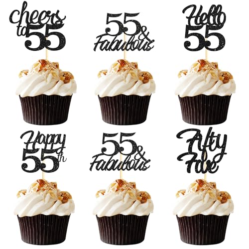 Sotpot Cupcake-Topper zum 55. Geburtstag, Hello 55 Cheers to 55 Years Cupcake-Picks für 55. Geburtstag, Jahrestag, Party, Kuchendekoration, schwarzer Glitzer, 30 Stück Sotpot Cupcake-Topper zum 55. Geburtstag, Hello 55 Cheers to 55 Years Cupcake-Picks für 55. Geburtstag, Jahrestag, Party, Kuchendekoration, schwarzer Glitzer, 30 Stück von Sotpot