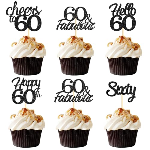 Sotpot Cupcake-Topper zum 60. Geburtstag, Hello 60 Cheers to 60 Years Cupcake-Picks für 60. Geburtstag, Jahrestag, Party, Kuchendekoration, schwarzer Glitzer, 30 Stück Sotpot Cupcake-Topper zum 60. Geburtstag, Hello 60 Cheers to 60 Years Cupcake-Picks für 60. Geburtstag, Jahrestag, Party, Kuchendekoration, schwarzer Glitzer, 30 Stück von Sotpot