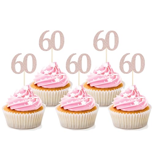 Sotpot Cupcake-Topper zum 60. Geburtstag, Roségold, Glitzer, Prost bis 60 Jahre Geburtstag, Cupcake-Picks für Happy 60th Birthday Party-Kuchendekorationen, 30 Stück von Sotpot