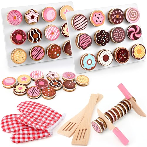 Soulchen 2 Set Slice and Bake Wooden Donut Play Food Pretend Cookies and Baking Sheet Wooden Play Food Baking Set for Kids von Soulchen