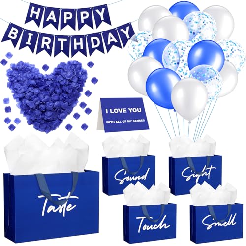 Soulchen 5 Sinne Geschenk Geburtstag Dekorationen Fünf Sinne Geschenktüten Party Dekoration mit Happy Birthday Banner Geschmack Touch Sound Rosenblätter Ballon für Party (Blau Weiß) von Soulchen