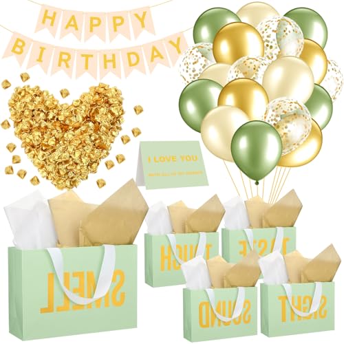 Soulchen 5 Sinne Geschenk Geburtstag Dekorationen Fünf Sinne Geschenktüten Party Dekoration mit Happy Birthday Banner Geschmack Touch Sound Rosenblätter Ballon für Party (Salbeigrün) von Soulchen