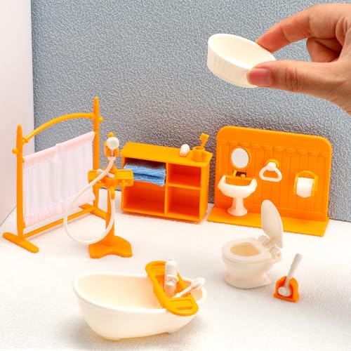Soulchen Miniatur-Puppenhaus-Badezimmer-Set, Puppenhaus-Badezimmermöbel, Zubehör, Mini-Duschraum, Dekoration, Mini-Badewanne, WC, Waschbecken, Aufbewahrungskorb und anderes Zubehör, 18-teilig von Soulchen