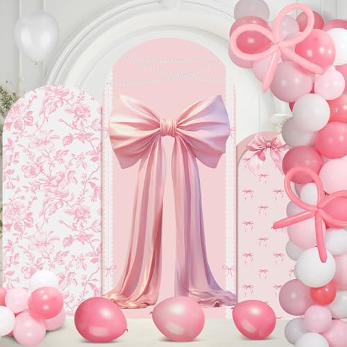 Soulchen Rosa Schleife Floral Bogen Hintergrund Abdeckung Set von 3 mit Luftballons 4/5/6 Fuß Stoff Rosa Weiß Hochzeit Chiara Bogen Abdeckungen für Kokette Bogen Party Geburtstag Hochzeit Brautdusche von Soulchen