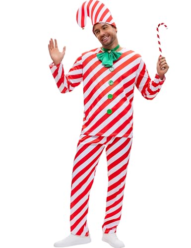 Soulty Weihnachtskostüme für Erwachsene, Zuckerstangen-Outfit für Herren, mit Hut, Requisite, festliches Weihnachtskostüm für Urlaub, Cosplay, Größe S, 5 Stück von Soulty