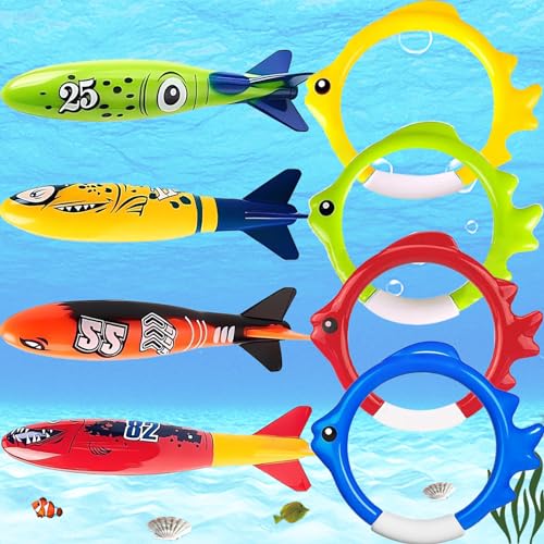 SoundZero 8 Stücke Tauchtorpedospielzeug, Tauchring, Sinkendes Poolspielzeug, Tauchspielzeug für Kinder, Schwimmspielzeug für Den Sommerpool, Unterwasser Tauchen Pool, Für Strand und Baden(5Farben) von SoundZero