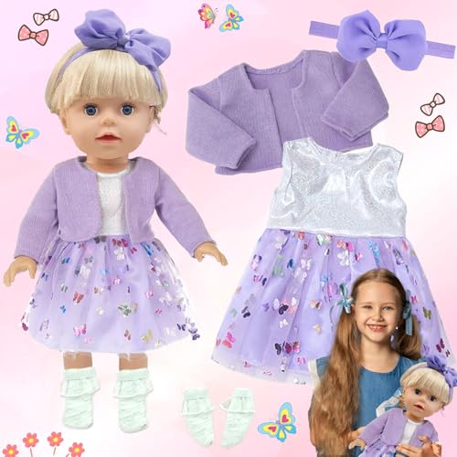 SroundZero Puppenkleidung 43 cm, Teilig Lila Puppenkleidung für 38-45cm, Puppen Kleider Socken Schmetterling Stirnband für Baby Puppe, Puppensachen Set Geschenk Kinder (Keine Puppe, Lila) von SoundZero