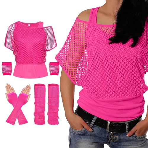 80er 90er Jahre Outfit Damen Karneval Netzoberteil Frauen Netzshirt+Tank top+Beinwärmer+Netzhandschuhe Kostüm 80er Jahre Neon Party Outfit Tops Shirt Hippie Kleidung Mottoparty Faschingskostüme von Soupliebe