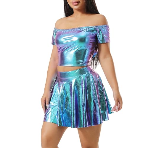 Alien Kostüm Damen Sexy Metallic Glitzer Rock Set one Schulterfrei Crop Top + Mini Röcke Karneval Kostüm Space Kostüm Alien Rave Outfit Cheerleader Kostüm Faschingskostüme von Soupliebe