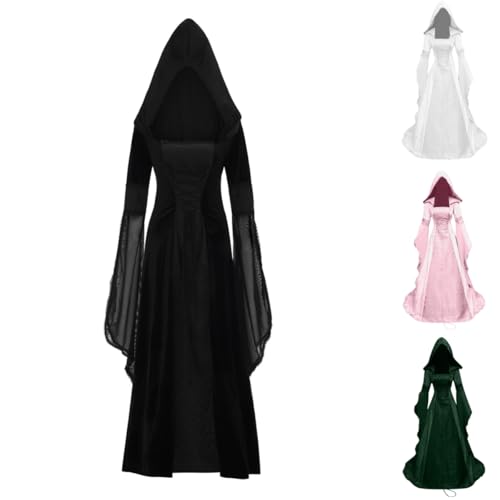 Black Dress Goth, Gothic Kleidung Damen Schnürkleid Mit Kapuze Vintage Mittelalter Gebunden Taille Kleid Renaissance Party Festlich Medieval Cosplay Dress Halloween Kostüm Kleider von Soupliebe