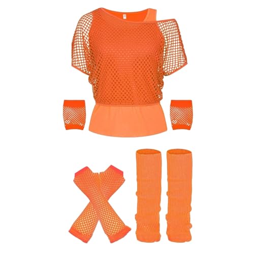 Soupliebe 80er 90er Jahre Outfit Damen, Netzshirt, Tank top, Beinwärmer, Kostüm 80er Jahre Netzoberteil Damen Tops Neon Party outfit 80iger Aerobic Outfit Kleidung Mottoparty Frauen Madonna Kostüm von Soupliebe