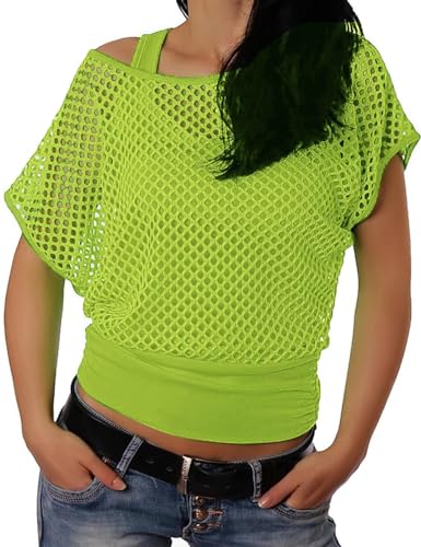 Soupliebe Netzshirt 80er 90er Jahre Outfit, Neon Top Netzoberteil Netzshirt Party Oberteile Frauen Mottoparty Ausgefallene Kleidung Sexy Party Outfit Madonna Kostüm von Soupliebe