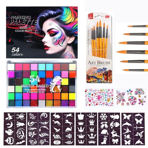 Souvik Kinderschminke Set, 54 Farbe Body-Face Wasserbasis Paint Schminke, Make-up Face Paint mit 56 Tattoo-Vorlagen, 2-Kristallsticker, 6-Pinsel, Kinderschminken für Fasching Halloween Bühne Karneval Souvik Kinderschminke Set, 54 Farbe Body-Face Wasserbasis Paint Schminke, Make-up Face Paint mit 56 Tattoo-Vorlagen, 2-Kristallsticker, 6-Pinsel, Kinderschminken für Fasching Halloween Bühne Karneval von Souvik