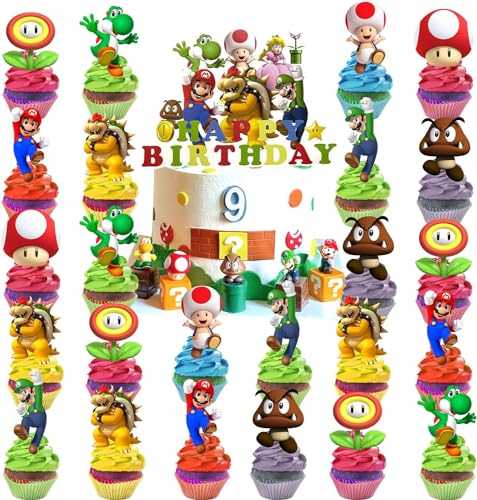 Geburtstag Tortendeko 25 mario Stück Cupcake Toppers Kindergeburtstag Deko, Cupcake Toppers Kuchen Deko für Junge Mädchen Kinder Geburtstag Party Dekorationen von Sovanna