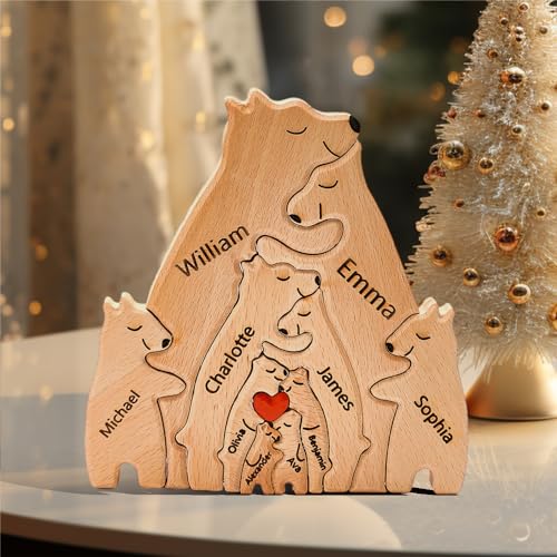 Personalisierte Holz Bär Puzzle mit 1-8 Familiennamen, Individuelle Familiennamen Skulptur, Personalisierte Bär Familie Weihnachten Geburtstage Ornament (10 Namen) von Soview