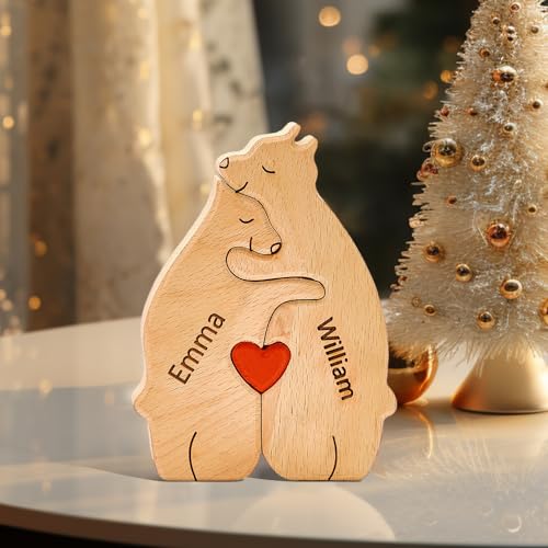 Personalisierte Holz Bär Puzzle mit 1-8 Familiennamen, Individuelle Familiennamen Skulptur, Personalisierte Bär Familie Weihnachten Geburtstage Ornament (2 Namen) von Soview