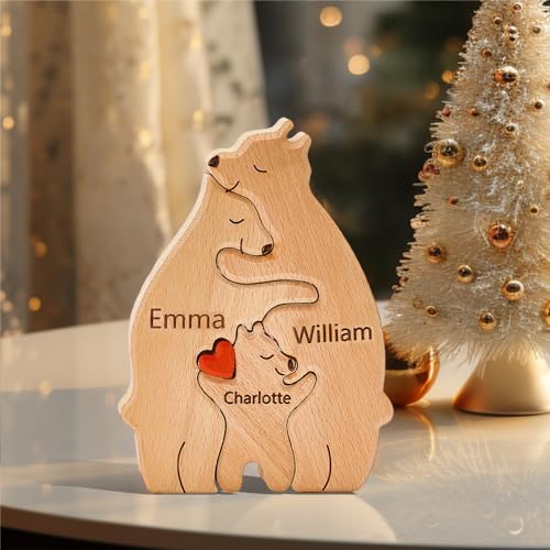 Personalisierte Holz Bär Puzzle mit 1-8 Familiennamen, Individuelle Familiennamen Skulptur, Personalisierte Bär Familie Weihnachten Geburtstage Ornament (3 Namen) von Soview