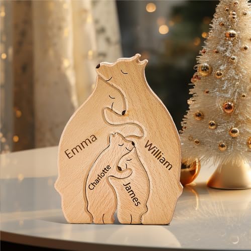 Personalisierte Holz Bär Puzzle mit 1-8 Familiennamen, Individuelle Familiennamen Skulptur, Personalisierte Bär Familie Weihnachten Geburtstage Ornament (4 Namen) von Soview