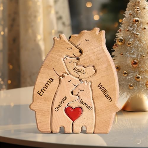 Personalisierte Holz Bär Puzzle mit 1-8 Familiennamen, Individuelle Familiennamen Skulptur, Personalisierte Bär Familie Weihnachten Geburtstage Ornament (5 Namen) von Soview