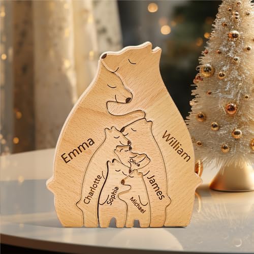 Personalisierte Holz Bär Puzzle mit 1-8 Familiennamen, Individuelle Familiennamen Skulptur, Personalisierte Bär Familie Weihnachten Geburtstage Ornament (7 Namen) von Soview
