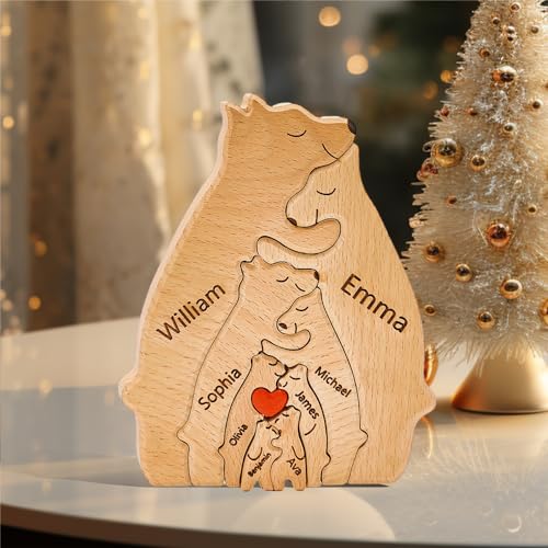 Personalisierte Holz Bär Puzzle mit 1-8 Familiennamen, Individuelle Familiennamen Skulptur, Personalisierte Bär Familie Weihnachten Geburtstage Ornament (8 Namen) von Soview