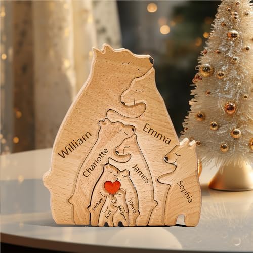 Personalisierte Holz Bär Puzzle mit 1-8 Familiennamen, Individuelle Familiennamen Skulptur, Personalisierte Bär Familie Weihnachten Geburtstage Ornament (9 Namen) von Soview