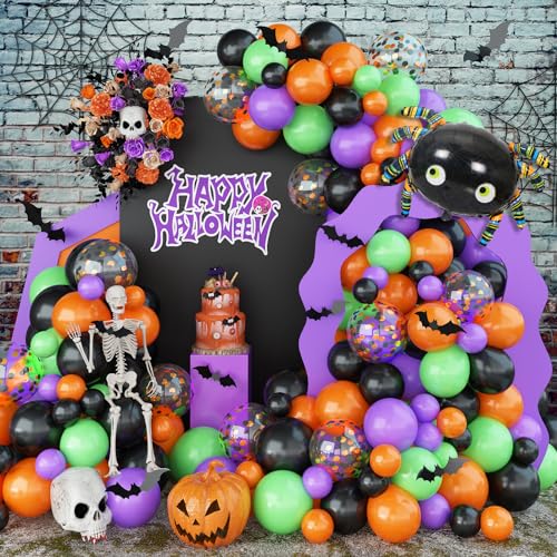 128 Stück Halloween Luftballons Girlande,Schwarz Orange Lila Grün Konfetti Ballon mit 3D Fledermäusen Spinne Aluminiumfolienballons für Kinder Halloween Themenparty dekorationen von Sowide