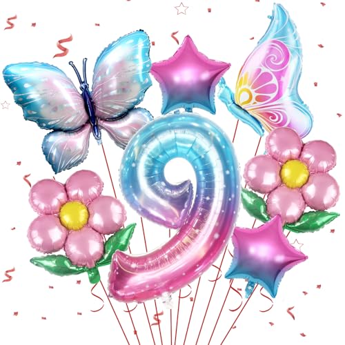 9 Jahre Schmetterling Geburtstag Deko, Schmetterling Folienballon 9 Jahre,Geburtstagsdeko Mädchen,Mädchen 9 Jahre Geburtstagsdeko,Bunt Schmetterlinge Geburtstagsdeko von Sowide