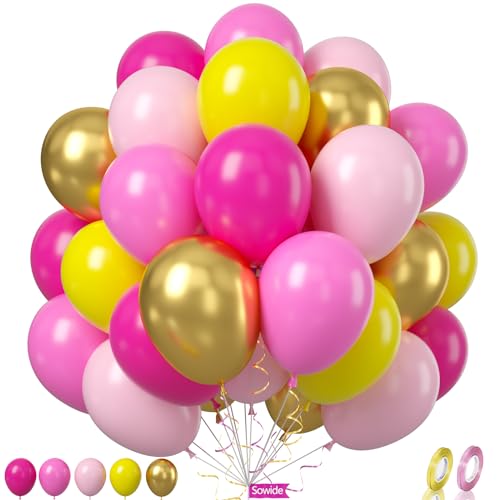 Gelb Rosa Luftballons, 60 Pcs 12 Zoll Heiße Rosa Metallic Gold Ballons für Mädchen Pfirsich Geburtstag Party Dekorationen Geburtstag Ballons Baby Dusche Engagement Party Zubehör von Sowide