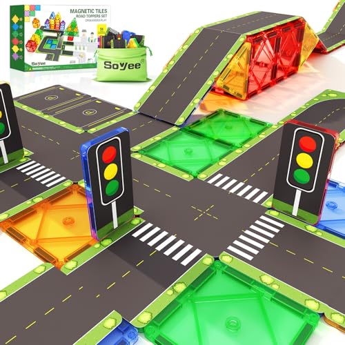 56 Magnetische Bausteine Road Toppers Kinderspielzeug für 3 Jahre alte Jungen Mädchen Magnetische Kacheln Vorschule Lernaktivitäten Geschenk für Kleinkinder Kinder Alter 3 4 5 6 von Soyee