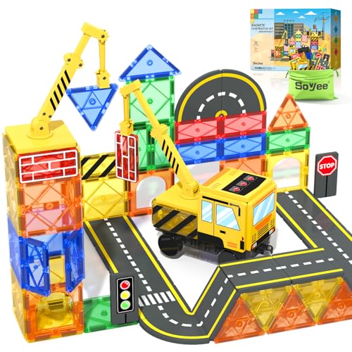 Soyee Kinderspiele Magnetische Bausteine Straßenset mit ausfahrbarem Magnetkran, Spielzeug ab 3 4 5 6 7 Jahre Junge Geschenke für Kinder ab 4-6 Jahren Kinderspielzeug Magnet Spielzeug Kinder von Soyee