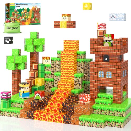 Soyee Magnetische Bausteine – Magnetbausteine Baue Magnet Welt World Set Kleinkindspielzeug Königreich & Lavawelt-Abenteuer Spielzeug ab 3 Jahre Bauklötze Kinderspielz von Soyee
